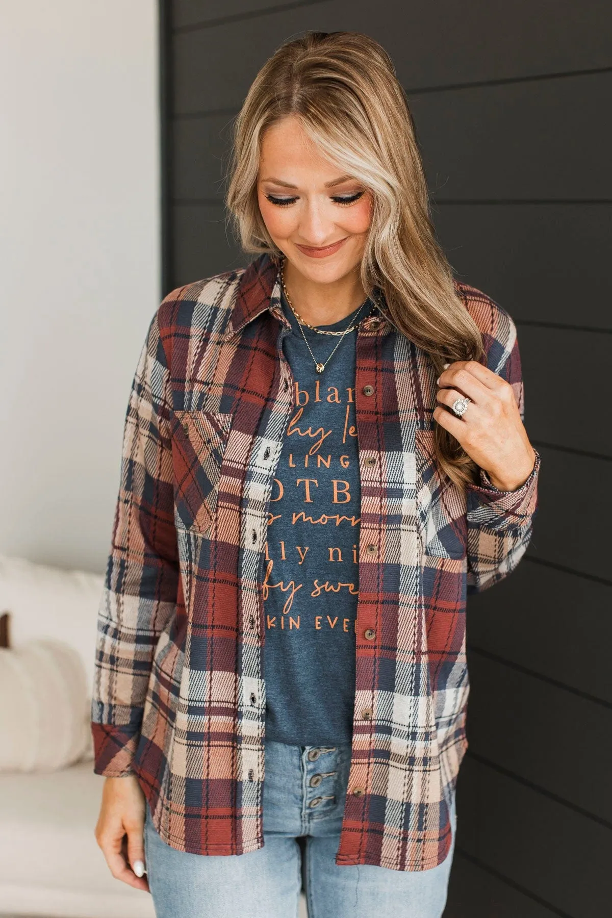 Admirable Actions Plaid Button Top- Brick & Navy