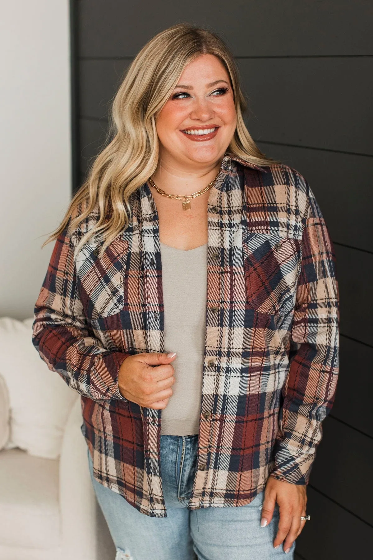Admirable Actions Plaid Button Top- Brick & Navy