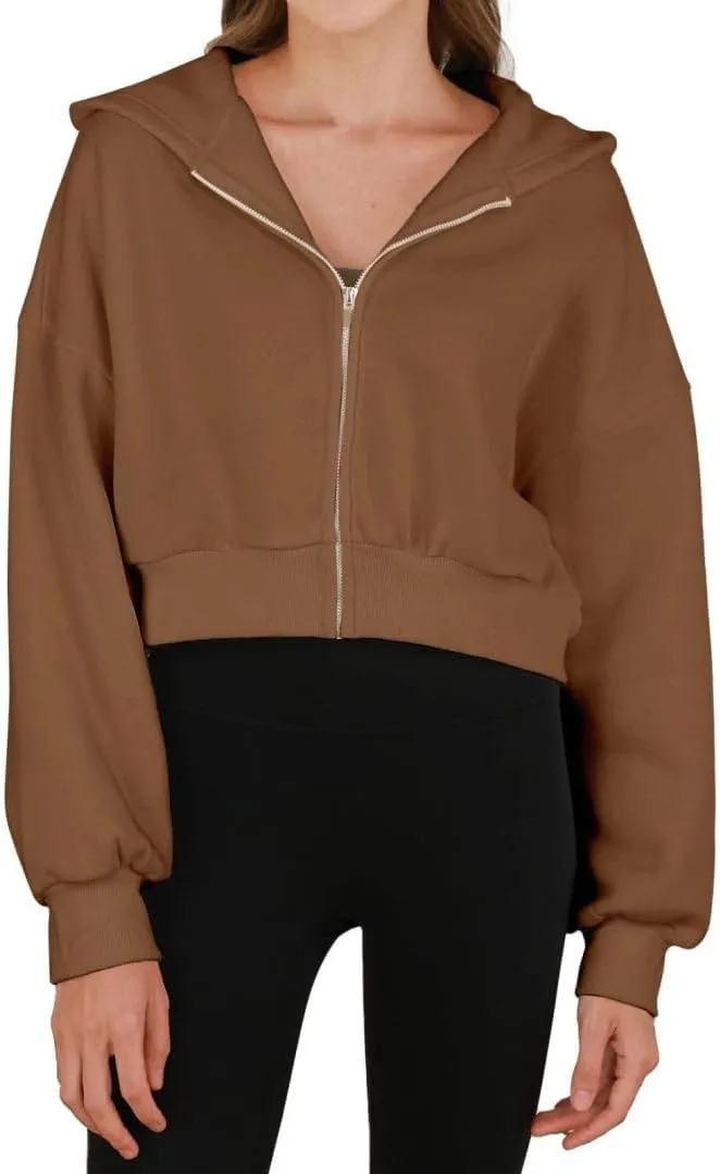 Amazhiyu Women's Cropped Zip-up Hoodies Fleece Long Sleeve Sweatshirt with Hood