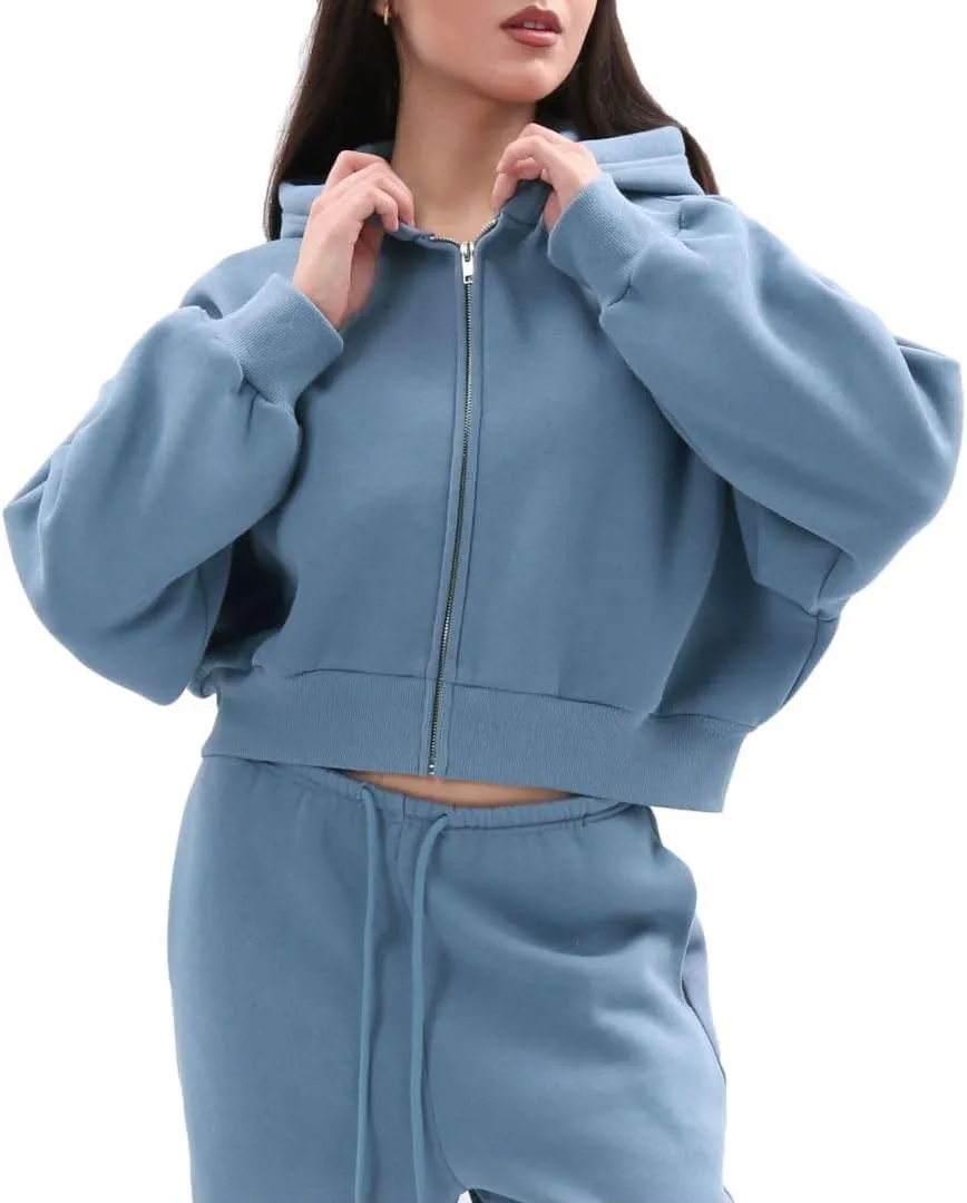 Amazhiyu Women's Cropped Zip-up Hoodies Fleece Long Sleeve Sweatshirt with Hood