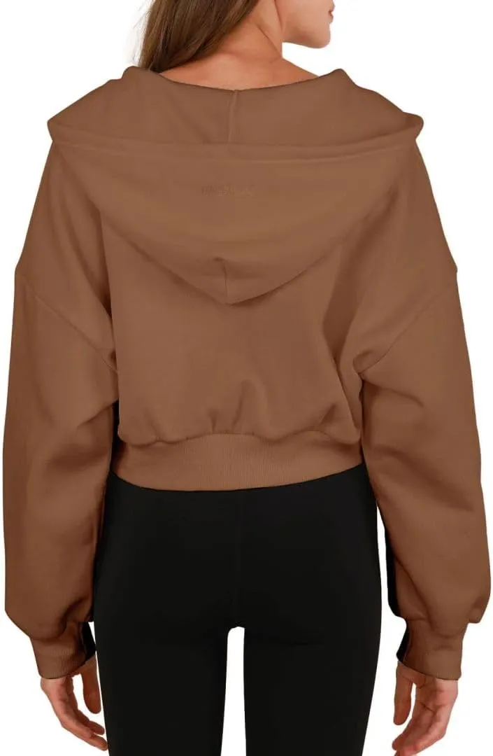 Amazhiyu Women's Cropped Zip-up Hoodies Fleece Long Sleeve Sweatshirt with Hood