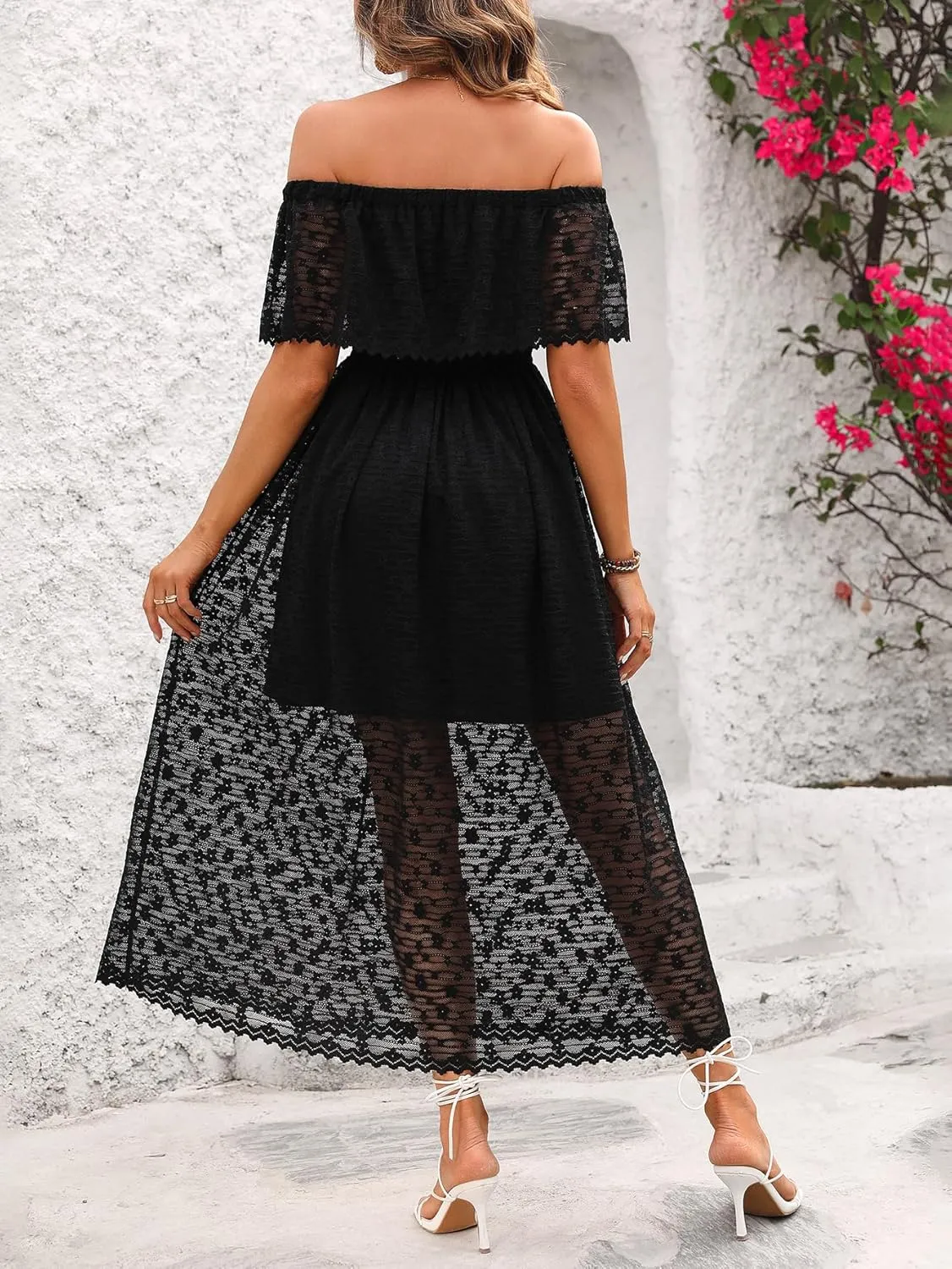 Atnlewhi Womens Lace Floral Off The Shoulder Ruffle Wedding Guest Maxi Dresses for Party Cocktail