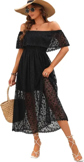 Atnlewhi Womens Lace Floral Off The Shoulder Ruffle Wedding Guest Maxi Dresses for Party Cocktail