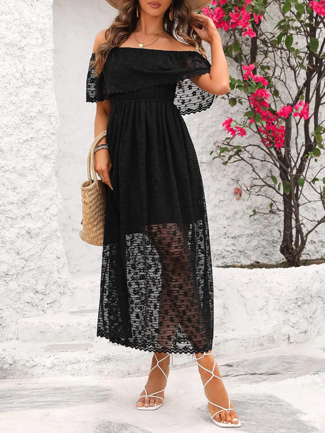 Atnlewhi Womens Lace Floral Off The Shoulder Ruffle Wedding Guest Maxi Dresses for Party Cocktail