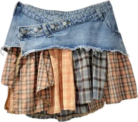 BAIMORE Women's Y2k Low Waist Asymmetrical Button A Line Plaid Patchwork Denim Mini Skirt