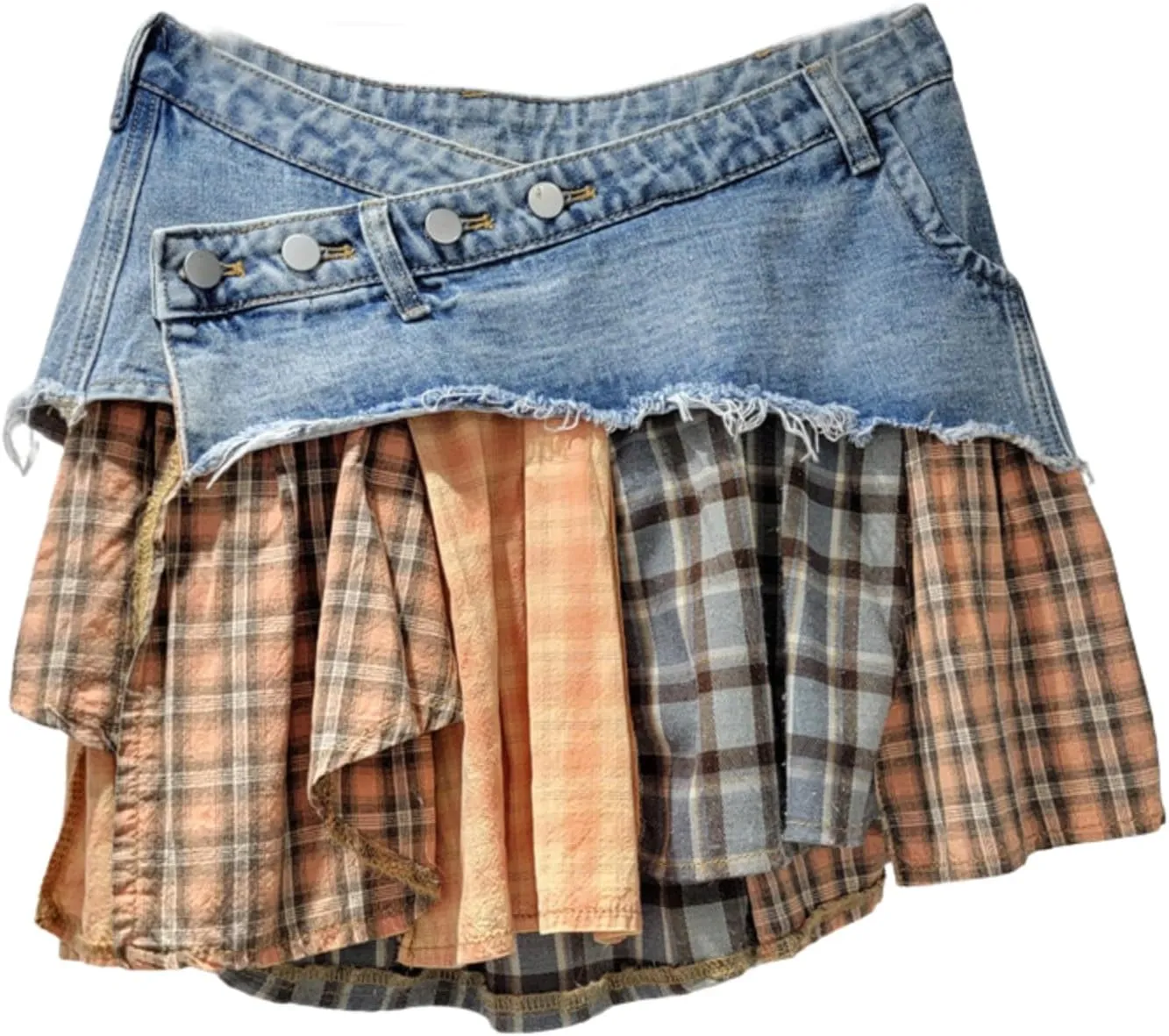 BAIMORE Women's Y2k Low Waist Asymmetrical Button A Line Plaid Patchwork Denim Mini Skirt
