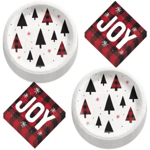 Buffalo Plaid Tree Paper Dessert Plates and Holiday Joy Beverage Napkins (Serves 16)