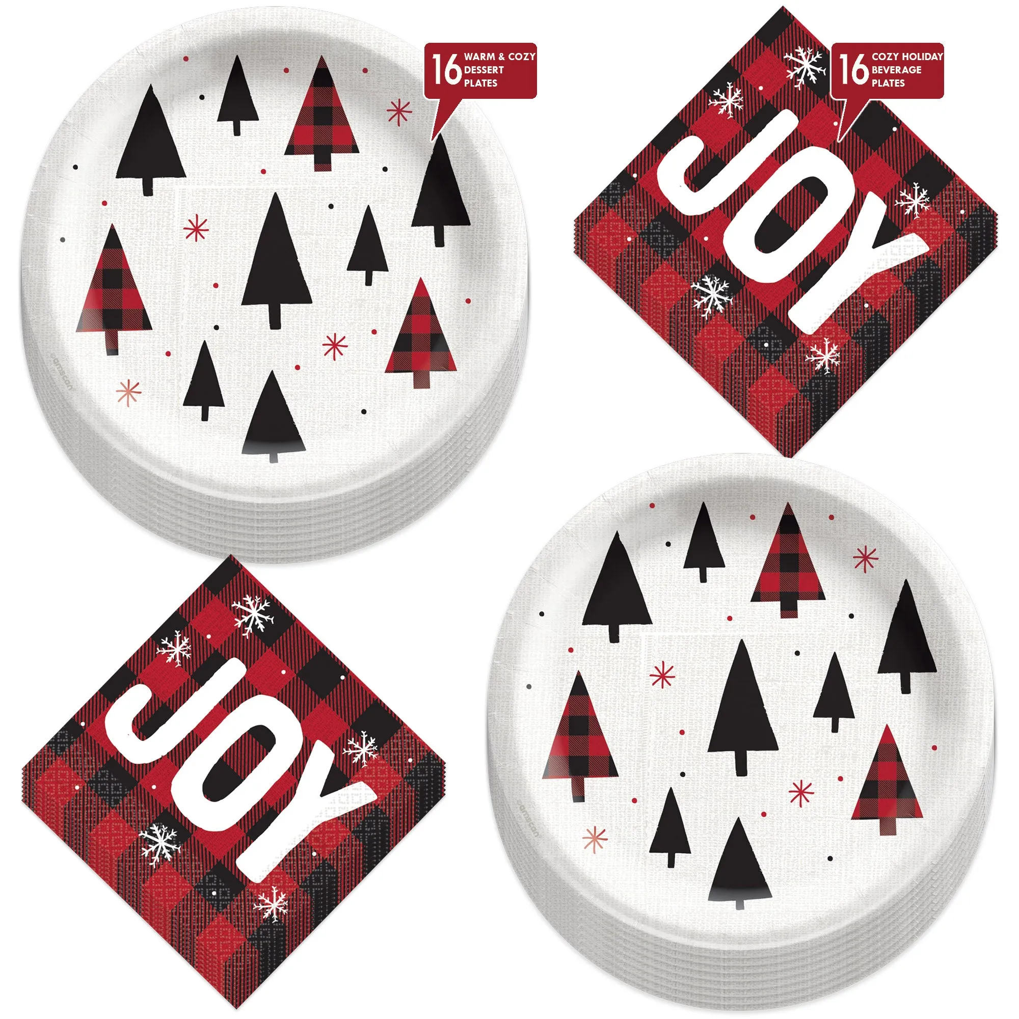 Buffalo Plaid Tree Paper Dessert Plates and Holiday Joy Beverage Napkins (Serves 16)