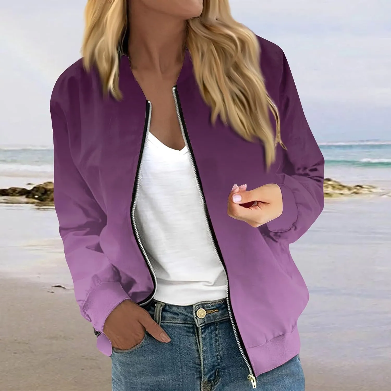 COTECRAM Bomber Jacket Women 2024 Causal Floral Zip Up Coats Long Sleeve Stand Collar Fall Jackets Lightweight Outerwear Tops