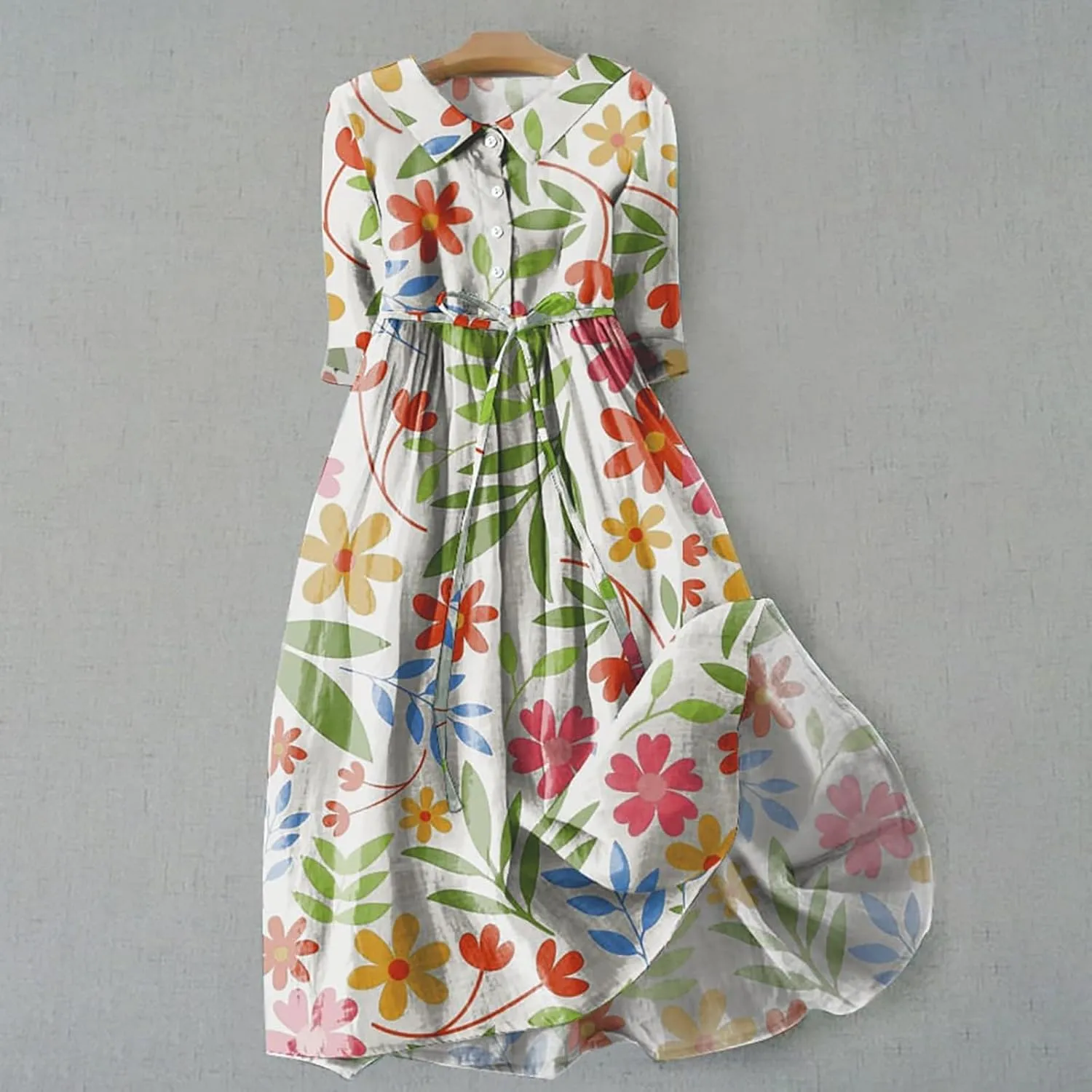 Cotton Linen Dresses for Women 2024 Maxi Button Down Plus Size A Line Dress Trendy 3/4 Sleeve Floral Dress Summer Dresses