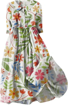 Cotton Linen Dresses for Women 2024 Maxi Button Down Plus Size A Line Dress Trendy 3/4 Sleeve Floral Dress Summer Dresses