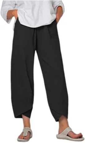 Cotton Linen Harem Pants for Women, Baggy Walk Trousers with Pockets, Elastic Waist Wide Leg Casual Summer Capris Pants