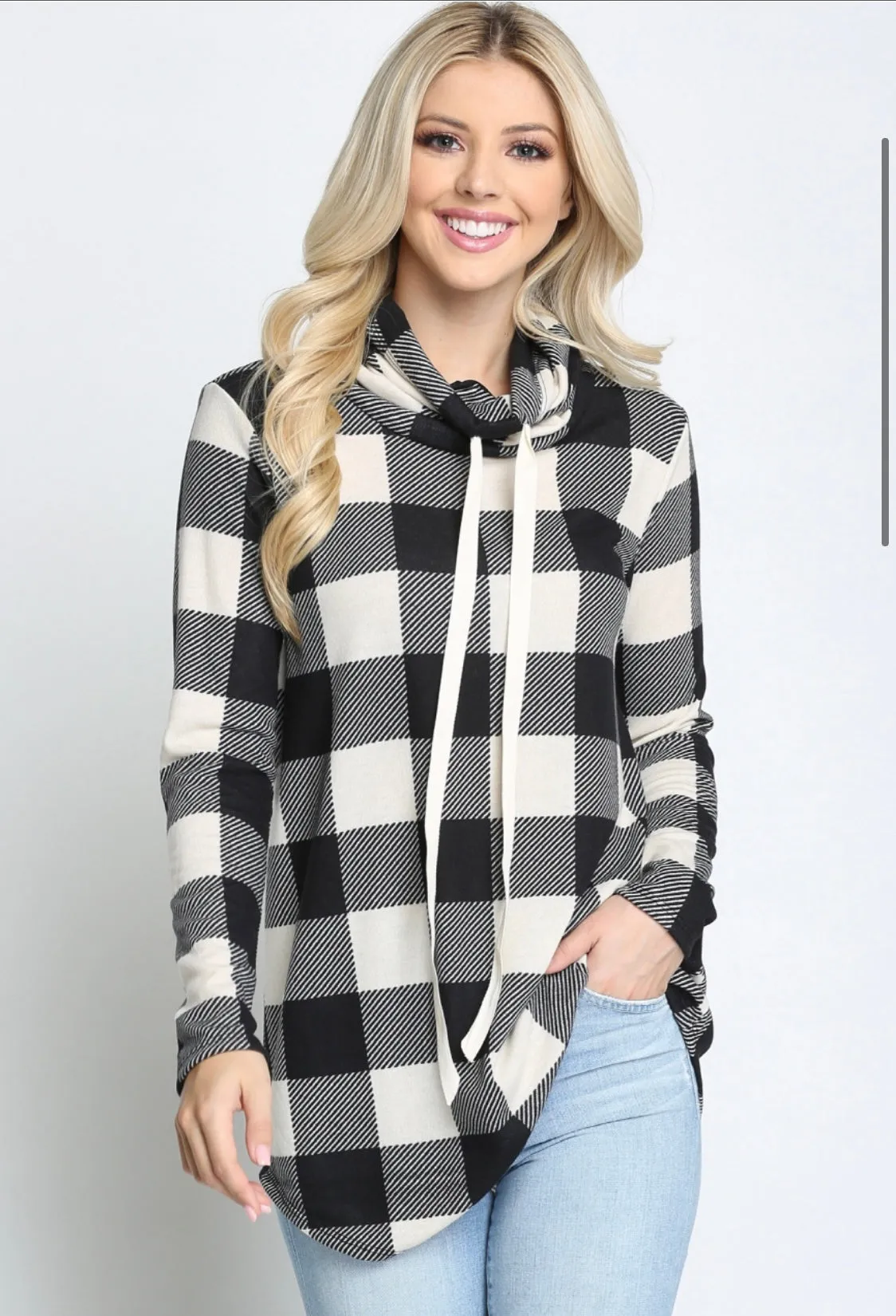 Curvy plaid cowl neck tunic