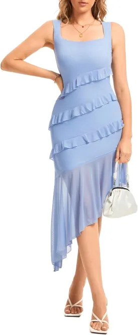 Dressystar Women 2025 Summer Floral Bodycon Dress Square Neck Straps Asymmetrical Ruffle Stretch Mesh Cocktail Party Dresses