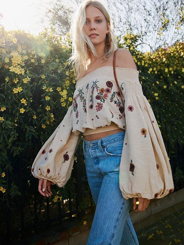 Embroidered Puff-sleeves Blouses&Shirts Top