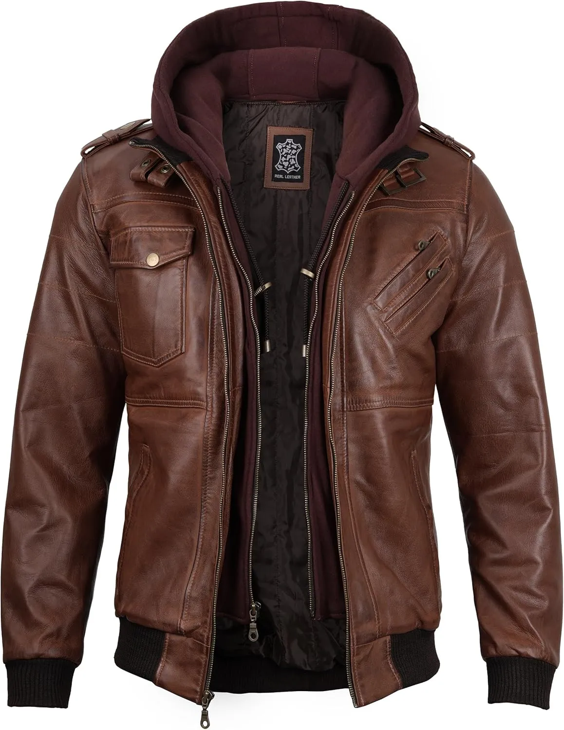 fjackets Real Leather Bomber Jacket - Motorcycle Casual Stand Collar Jackets with Removable Hood