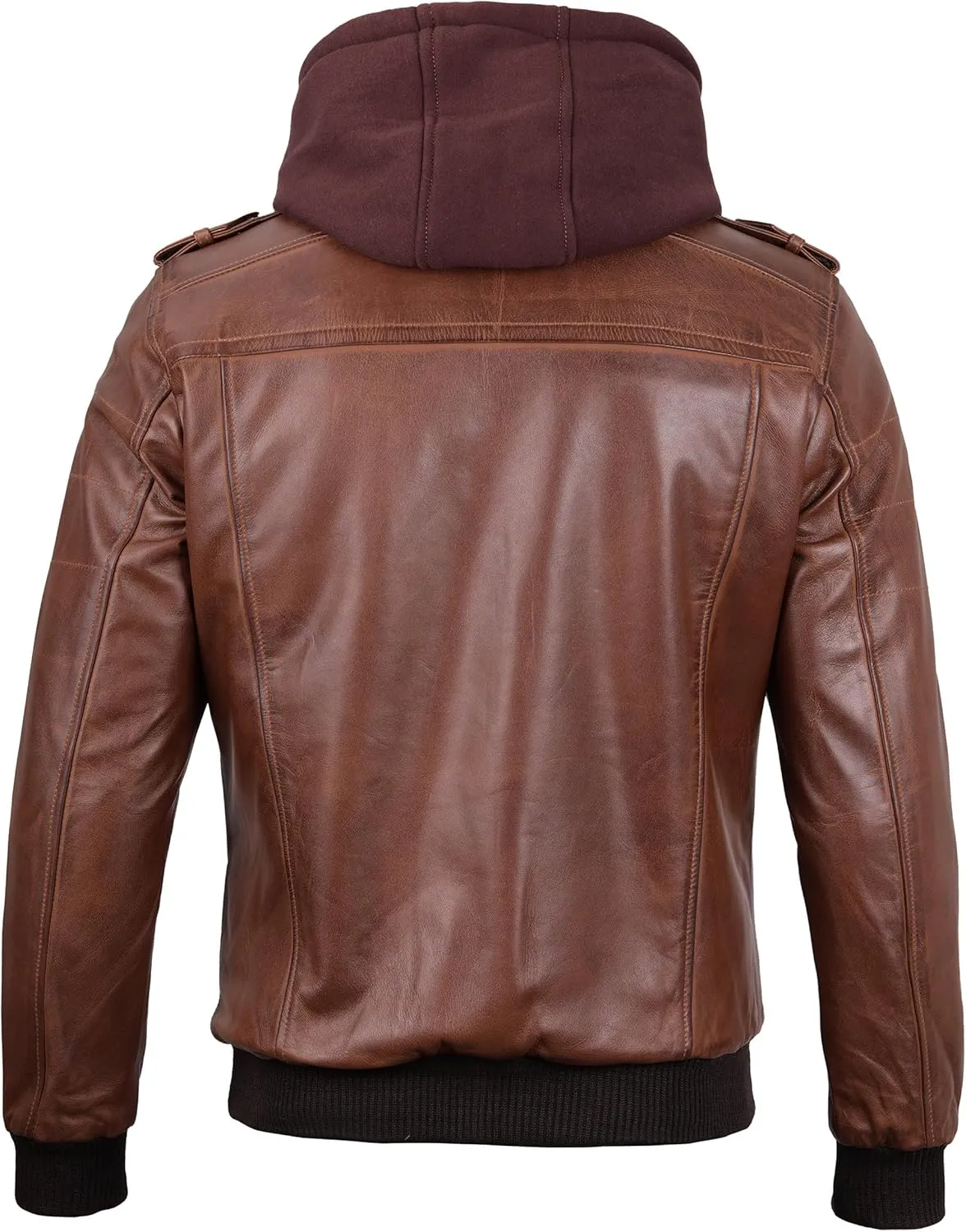 fjackets Real Leather Bomber Jacket - Motorcycle Casual Stand Collar Jackets with Removable Hood