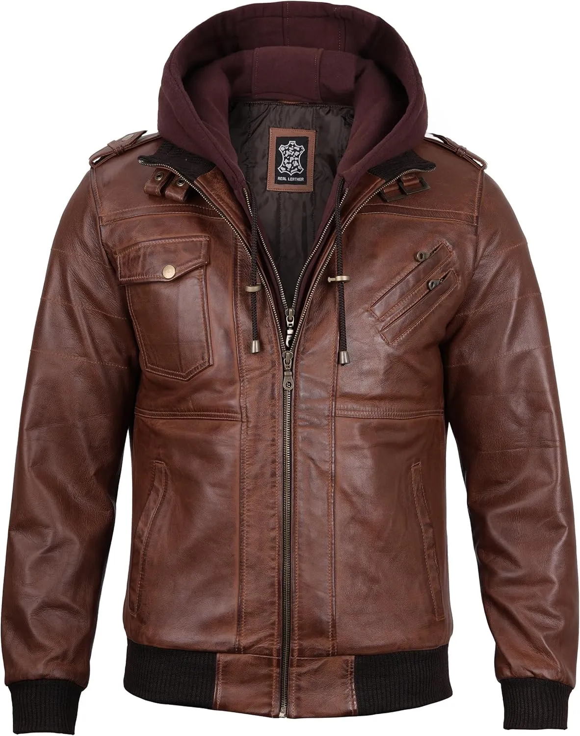 fjackets Real Leather Bomber Jacket - Motorcycle Casual Stand Collar Jackets with Removable Hood