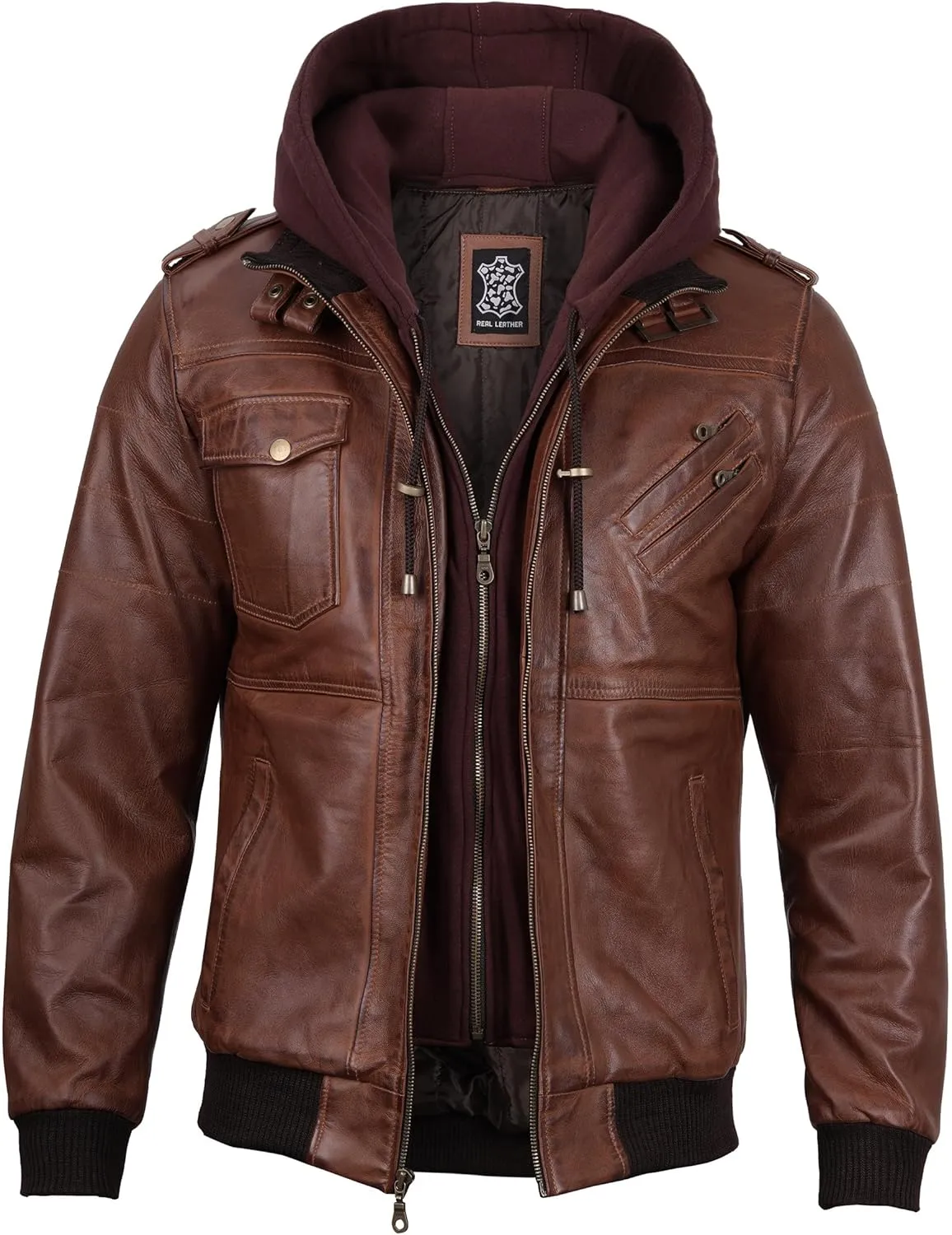 fjackets Real Leather Bomber Jacket - Motorcycle Casual Stand Collar Jackets with Removable Hood