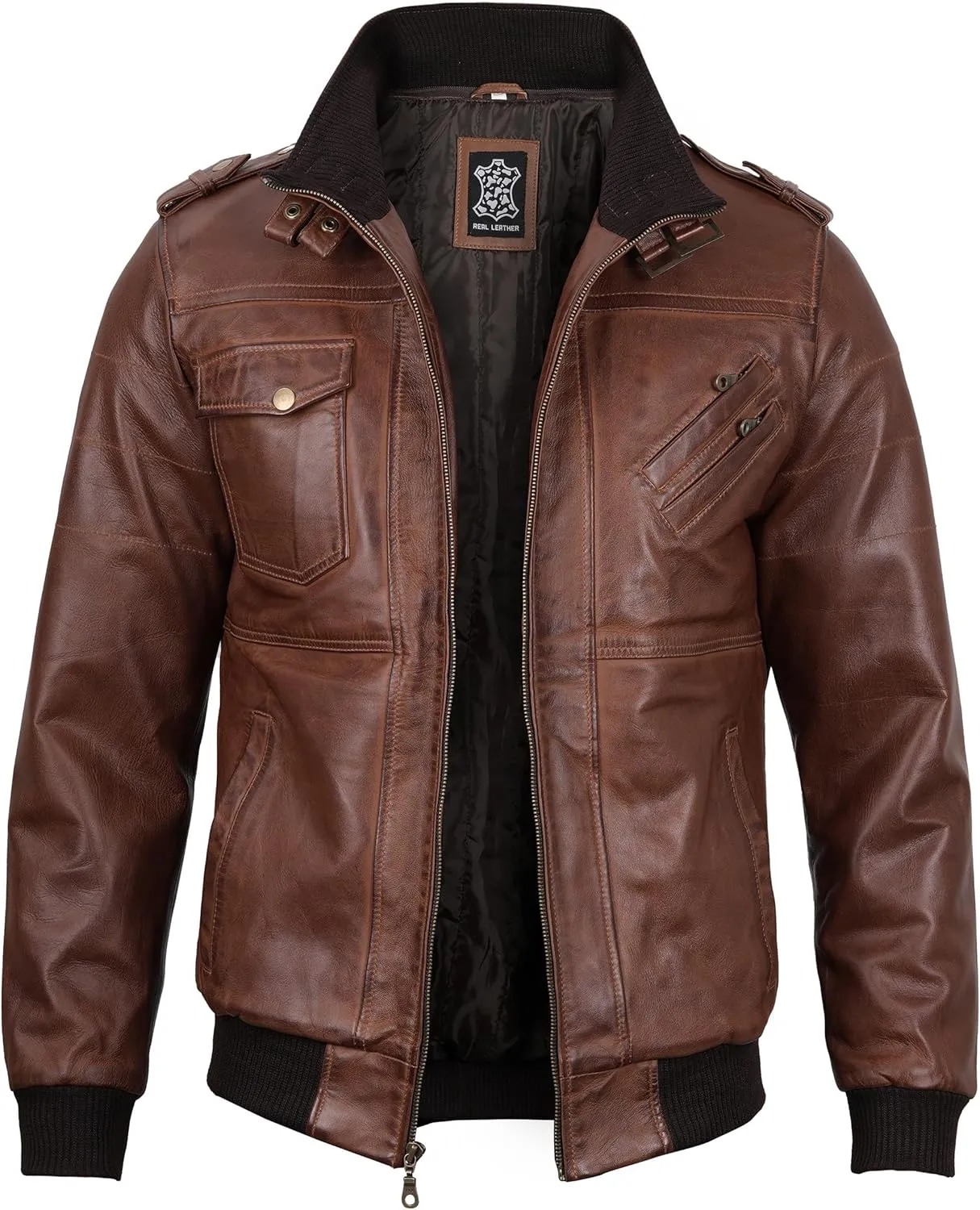 fjackets Real Leather Bomber Jacket - Motorcycle Casual Stand Collar Jackets with Removable Hood