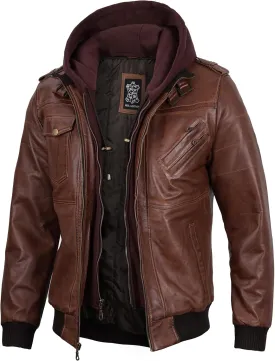 fjackets Real Leather Bomber Jacket - Motorcycle Casual Stand Collar Jackets with Removable Hood