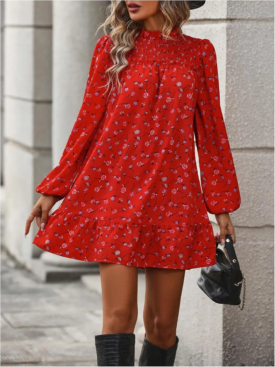 Floerns Women's Floral Print Long Sleeve Mock Neck Ruffle Hem Short Swing Shift Dresses