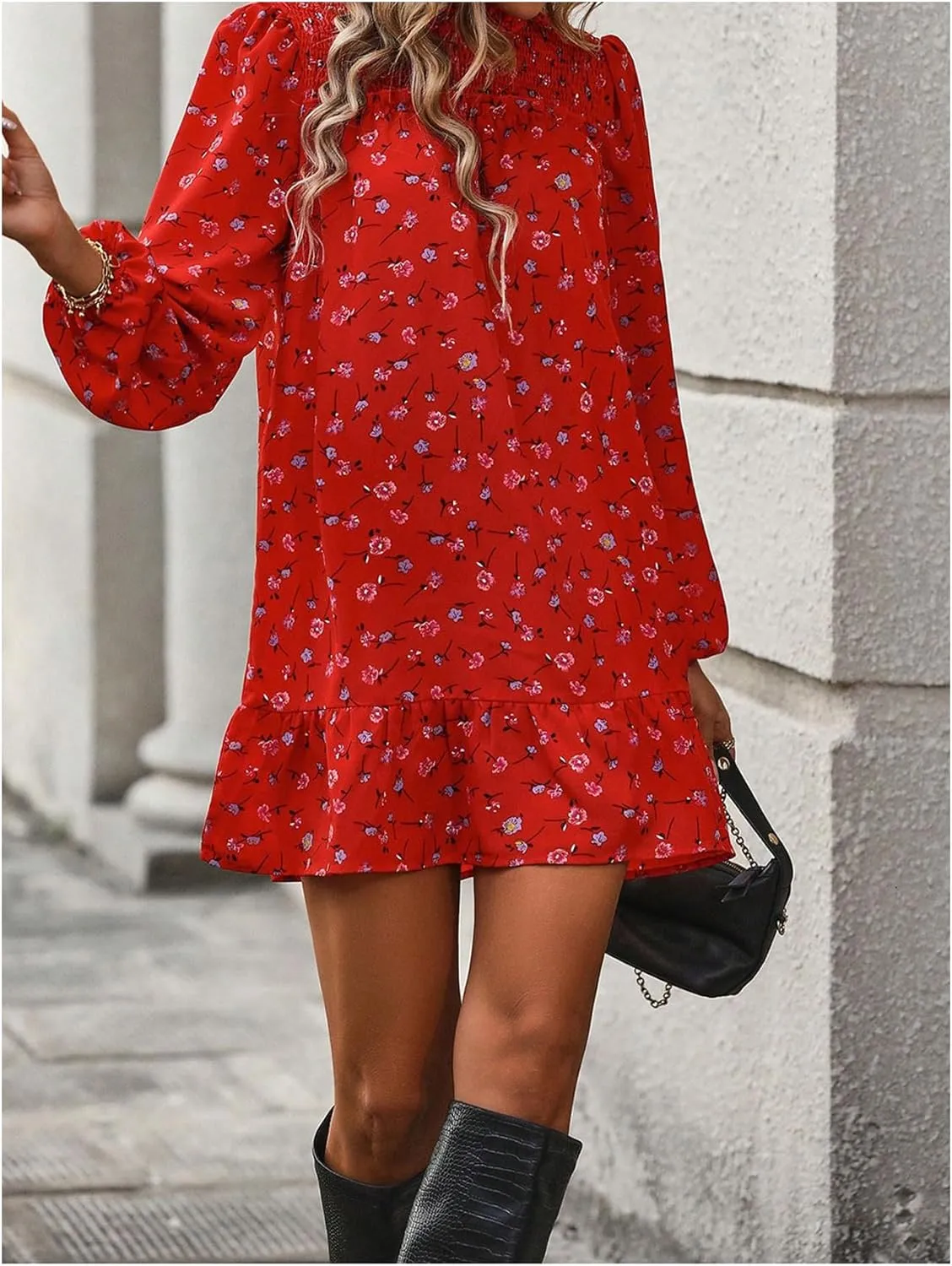 Floerns Women's Floral Print Long Sleeve Mock Neck Ruffle Hem Short Swing Shift Dresses