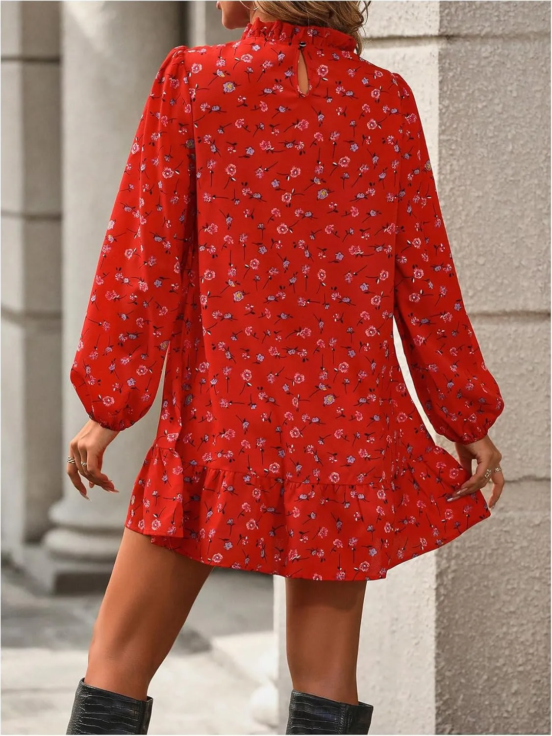 Floerns Women's Floral Print Long Sleeve Mock Neck Ruffle Hem Short Swing Shift Dresses