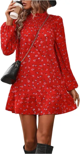 Floerns Women's Floral Print Long Sleeve Mock Neck Ruffle Hem Short Swing Shift Dresses