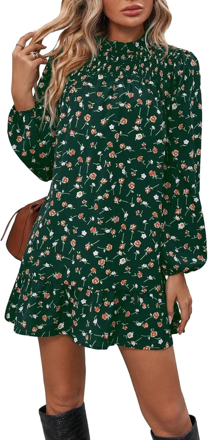 Floerns Women's Floral Print Long Sleeve Mock Neck Ruffle Hem Short Swing Shift Dresses