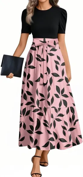 Floral Maxi Dresses for Women 2025 Elegant Boho Tie Belted Patchwork Dress Short Sleeve Wedding Guest Flowy Dress
