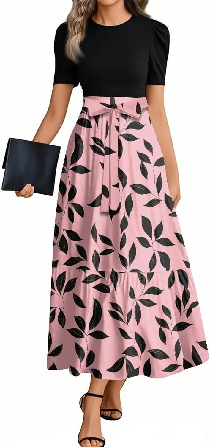 Floral Maxi Dresses for Women 2025 Elegant Boho Tie Belted Patchwork Dress Short Sleeve Wedding Guest Flowy Dress
