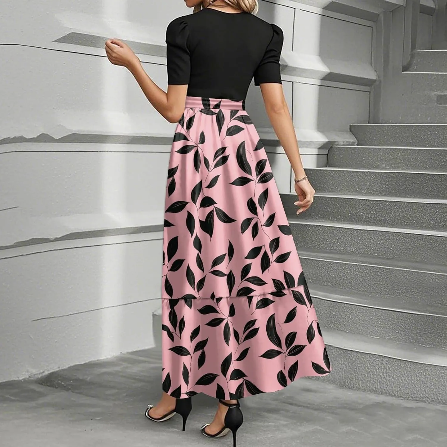 Floral Maxi Dresses for Women 2025 Elegant Boho Tie Belted Patchwork Dress Short Sleeve Wedding Guest Flowy Dress