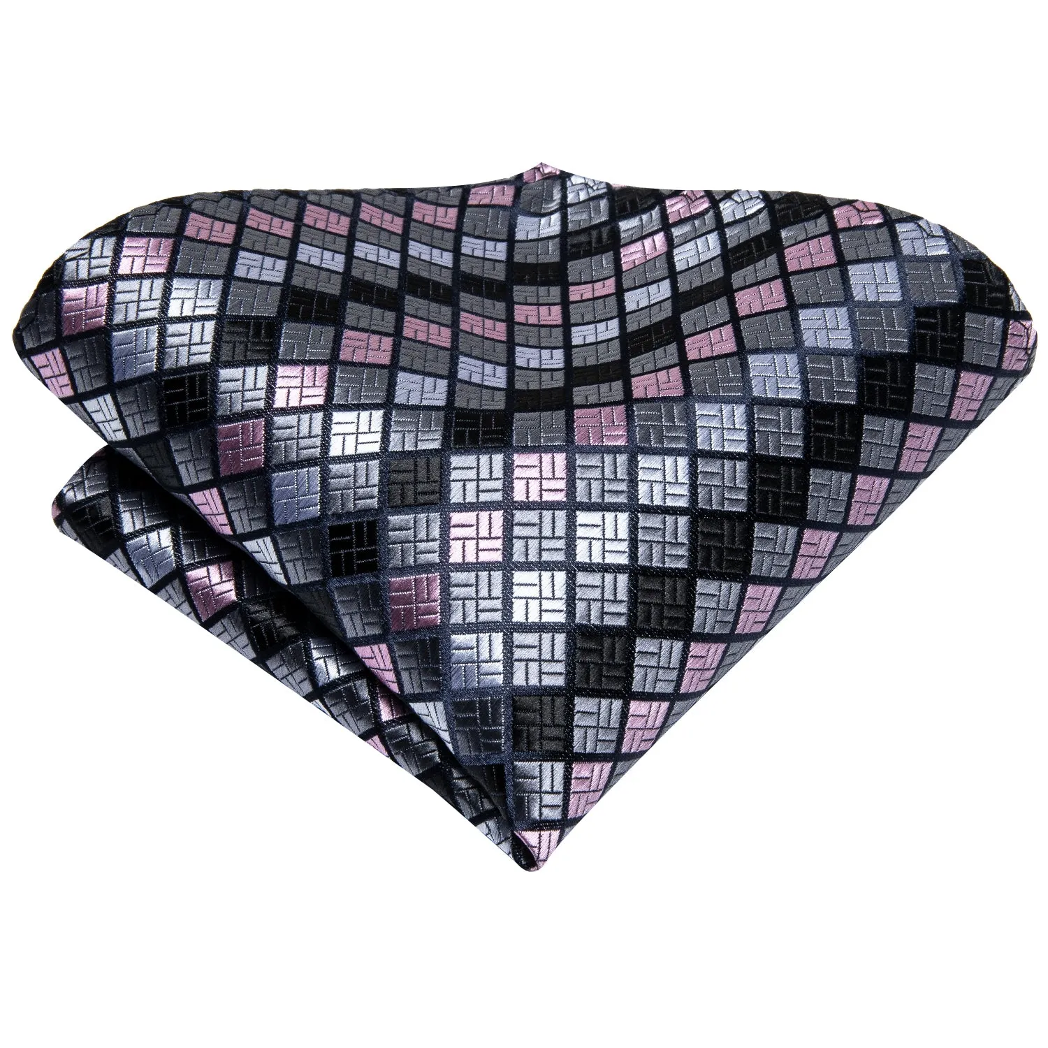 Hi-Tie Light Grey Pink Checkered Ascot Tie Pocket Square Cufflinks Set