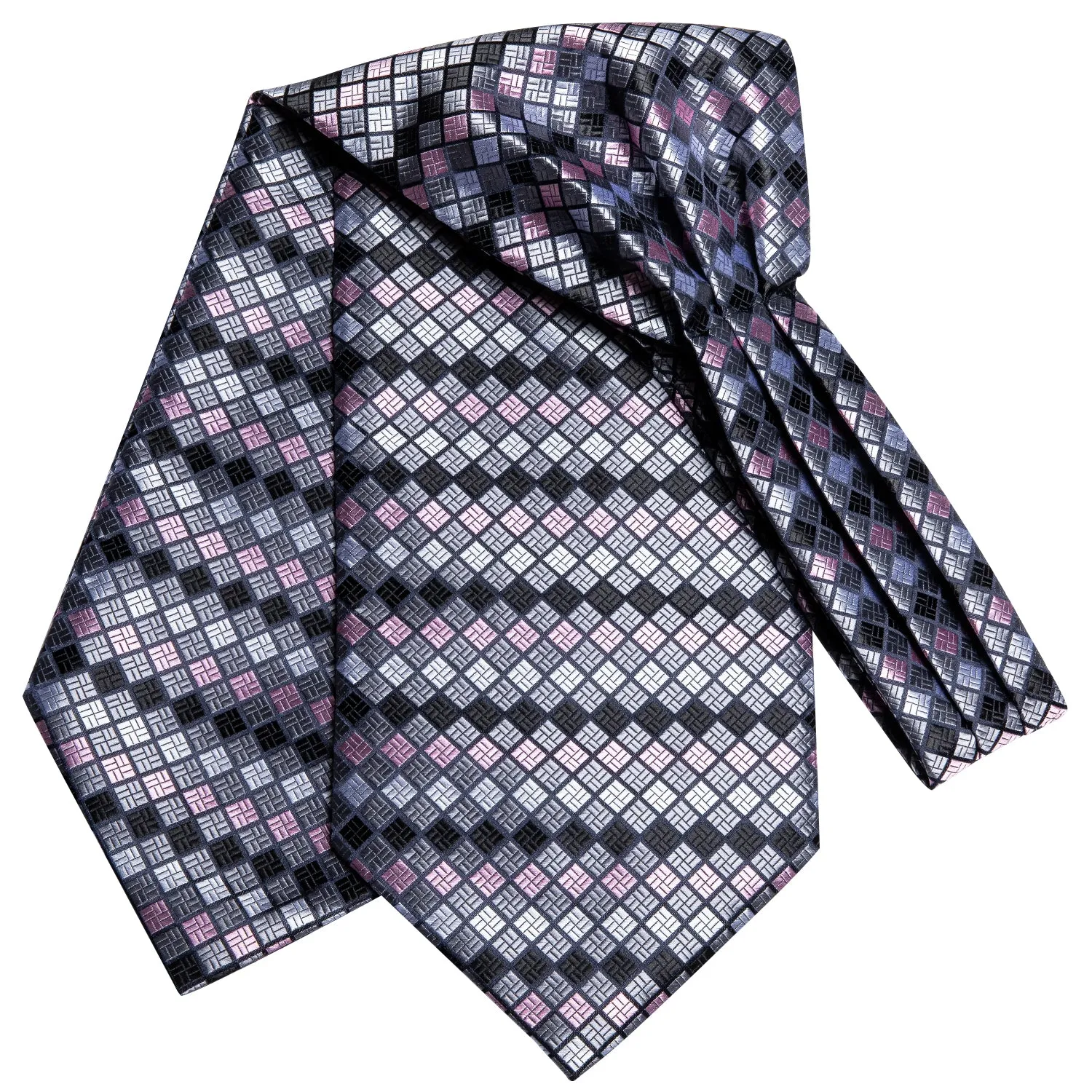 Hi-Tie Light Grey Pink Checkered Ascot Tie Pocket Square Cufflinks Set