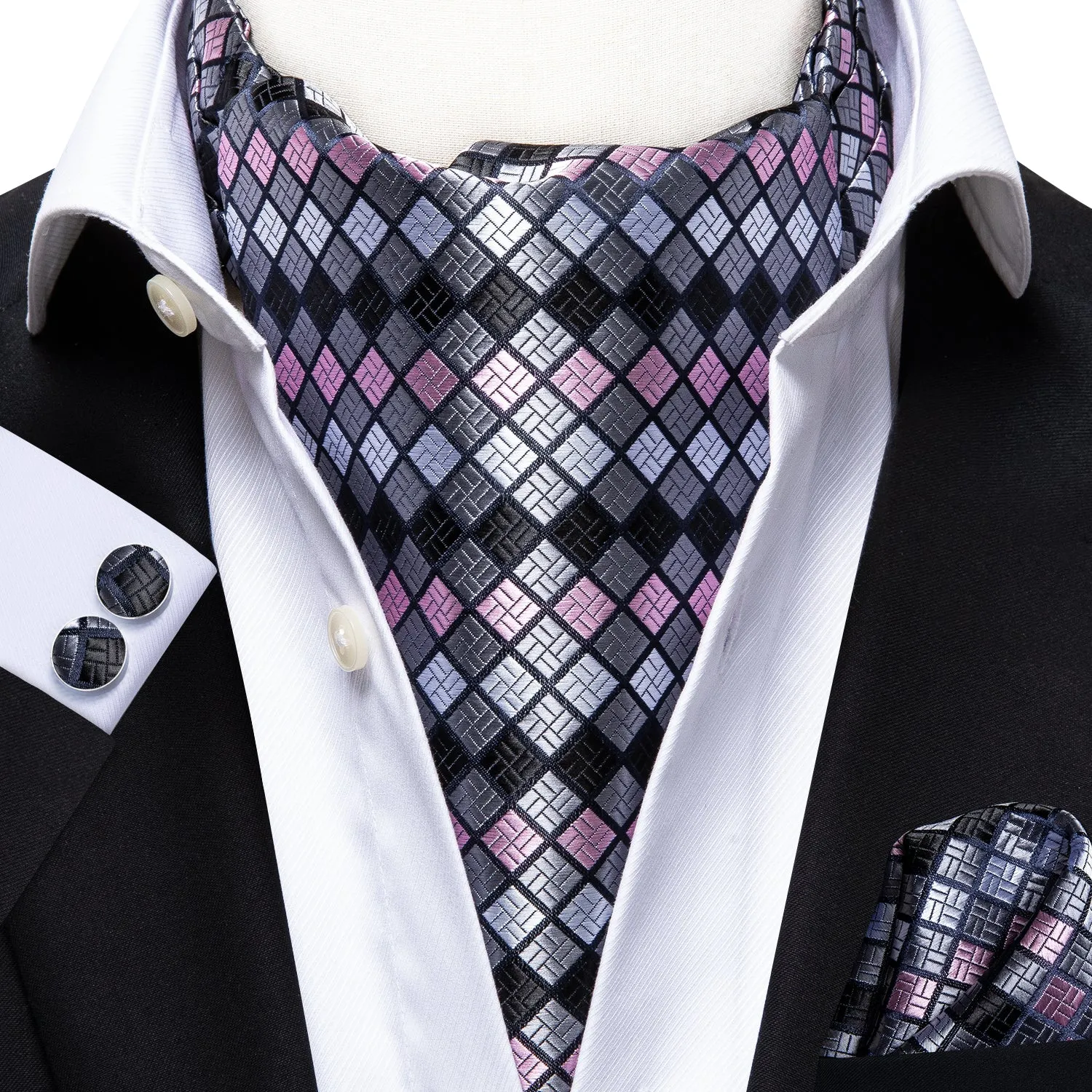 Hi-Tie Light Grey Pink Checkered Ascot Tie Pocket Square Cufflinks Set