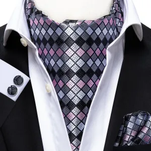 Hi-Tie Light Grey Pink Checkered Ascot Tie Pocket Square Cufflinks Set