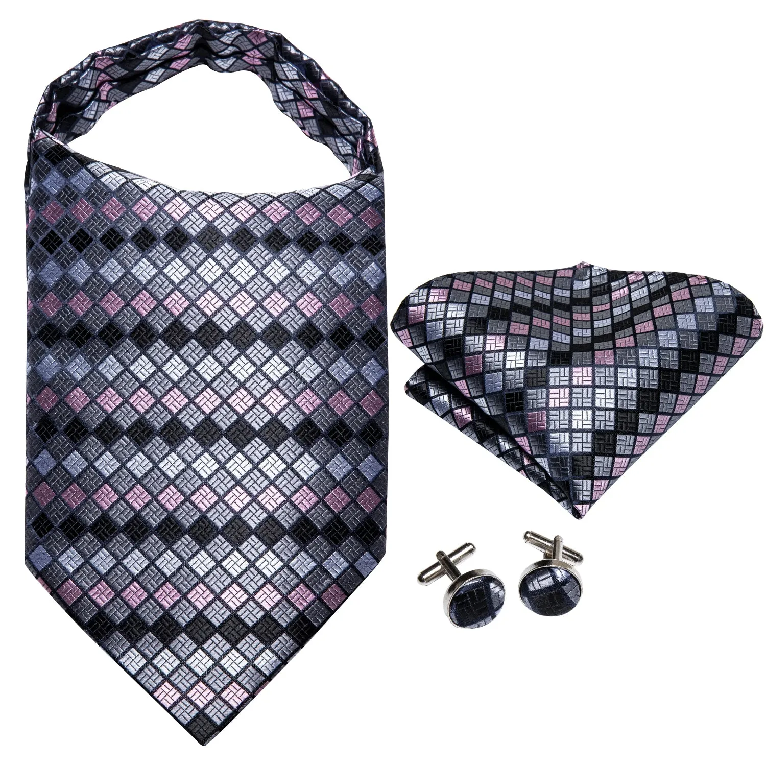 Hi-Tie Light Grey Pink Checkered Ascot Tie Pocket Square Cufflinks Set