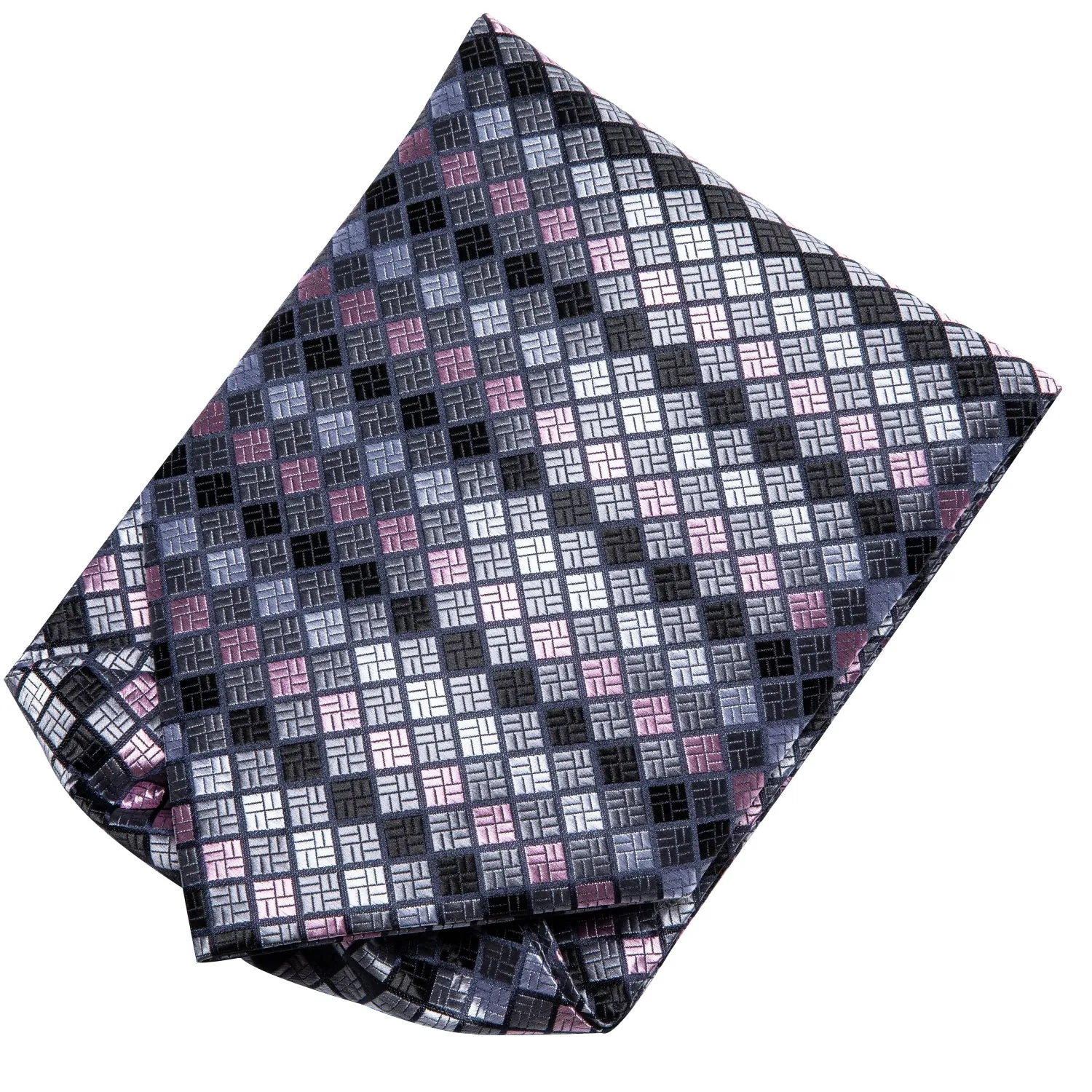 Hi-Tie Light Grey Pink Checkered Ascot Tie Pocket Square Cufflinks Set