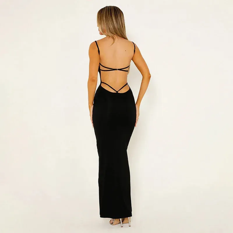 High U-shaped Neck Lace Up Off Back Tight Wrap Hip Split Sexy Maxi Dress