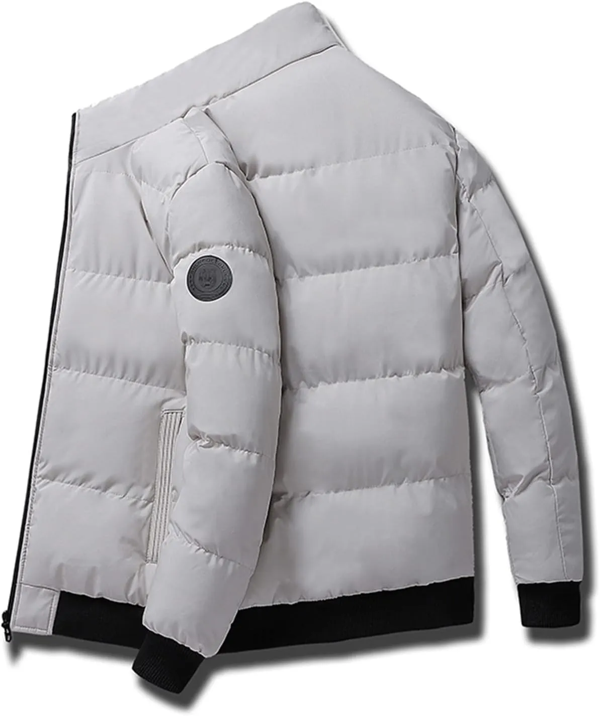 hlysgo Men's Winter Puffer Jacket Long Sleeve Stand Collar Bubble Coat Full Zip Warm Padded Jackets Outerwear Cold Weather