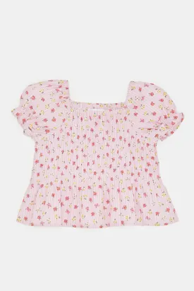 Infant Girls Pink Floral Print Smocking Blouse