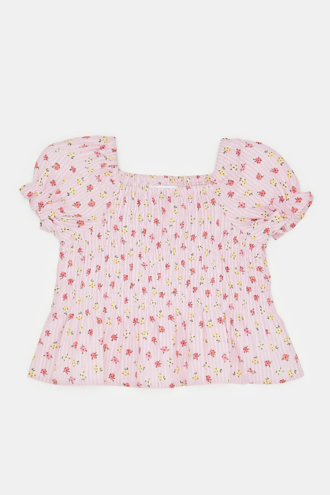 Infant Girls Pink Floral Print Smocking Blouse