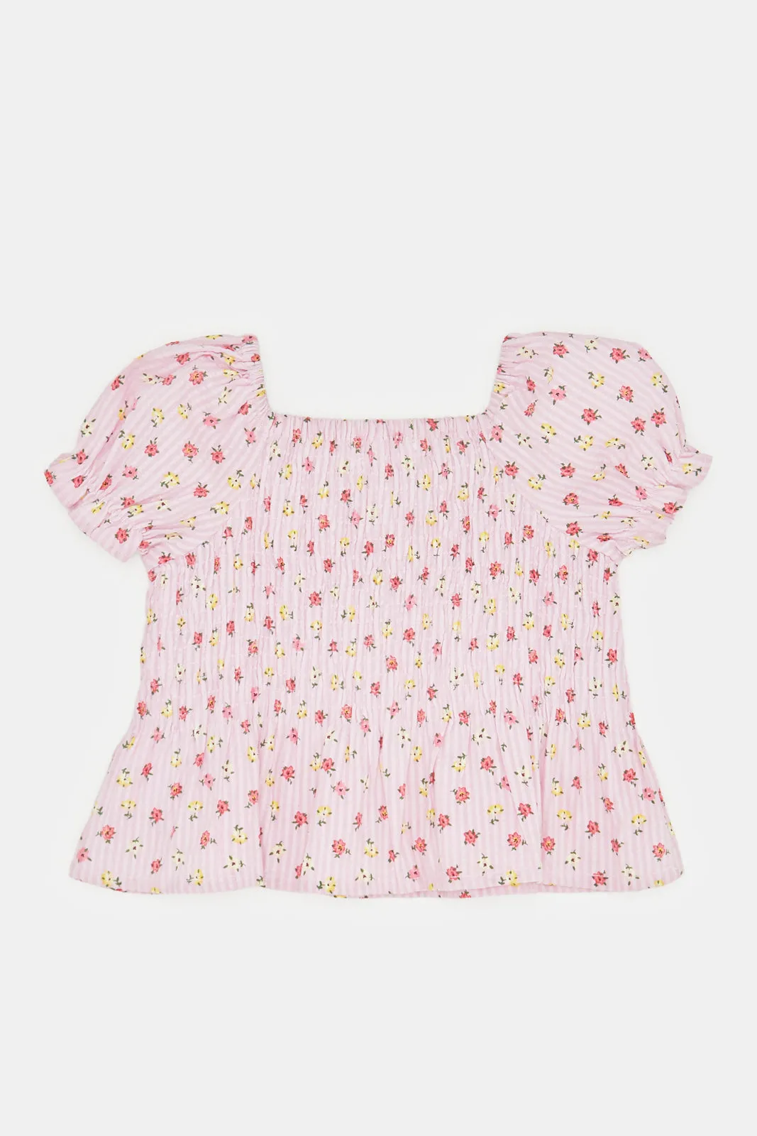 Infant Girls Pink Floral Print Smocking Blouse