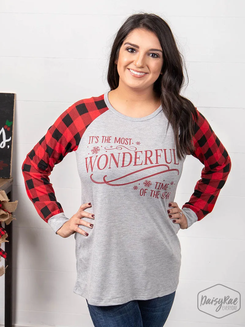 It's the Most Wonderful Time of the Year gray T-shirt with buffalo plaid sleeves