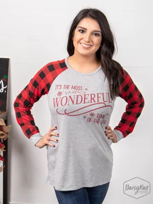It's the Most Wonderful Time of the Year gray T-shirt with buffalo plaid sleeves