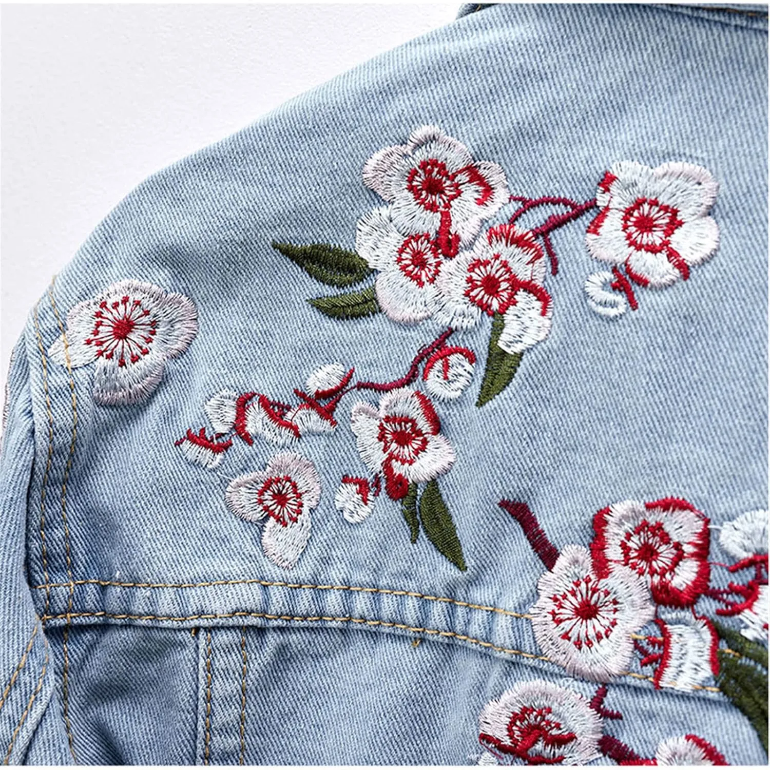 Kelsiop Spring Plum Flower Embroidered Cotton Collar Denim Jacket Women's Harajuku Loose Ripped Blue Denim Jacket