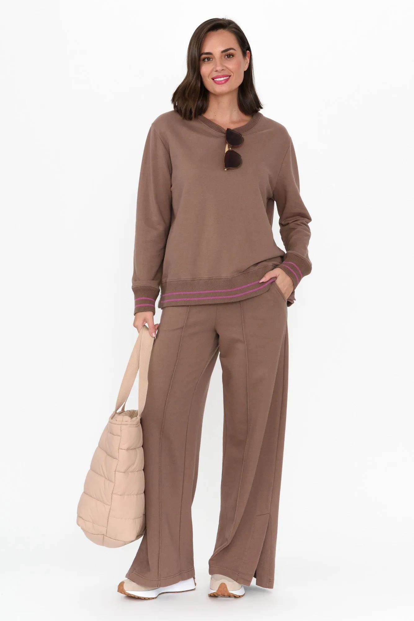 Kyla Brown Cotton Blend Wide Leg Pants