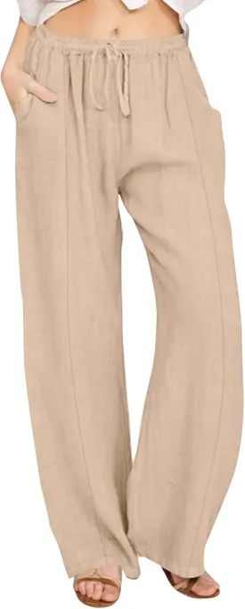 Linen Pants for Women Summer Solid Elastic Waist Wide Leg Loose Casual Vacation Beach Palazzo Pants with Pockets