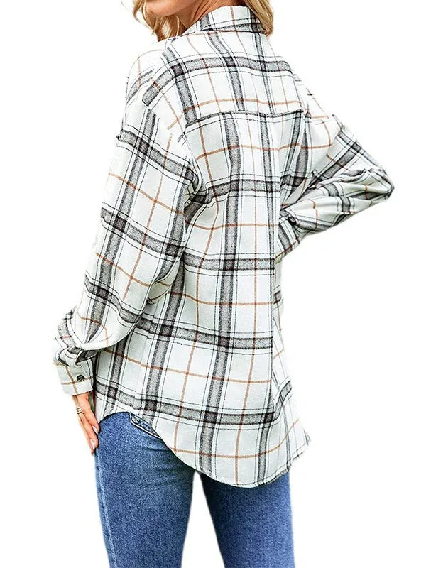 Long Sleeves Loose Buttoned Plaid Pockets Lapel Blouses&Shirts Tops